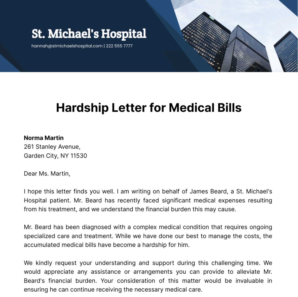 Hardship Letter for Medical Bills Template