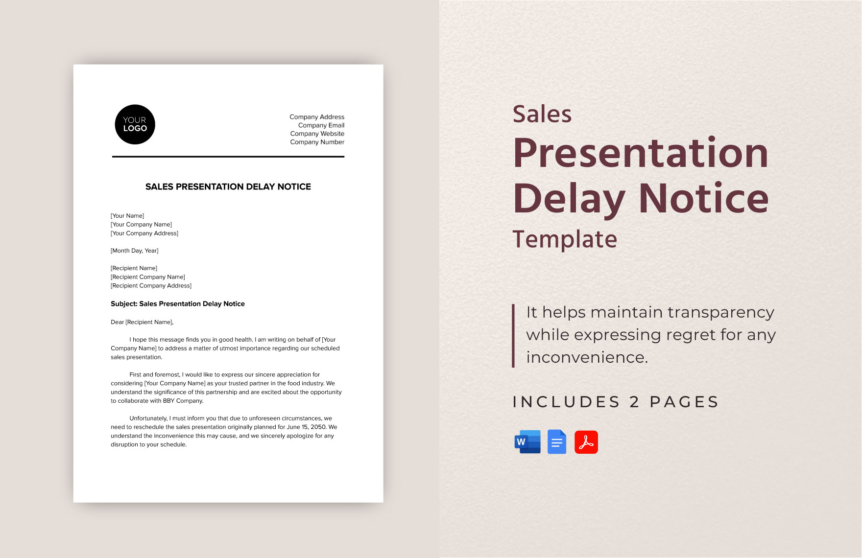 Sales Presentation Delay Notice Template in Word, Google Docs, PDF