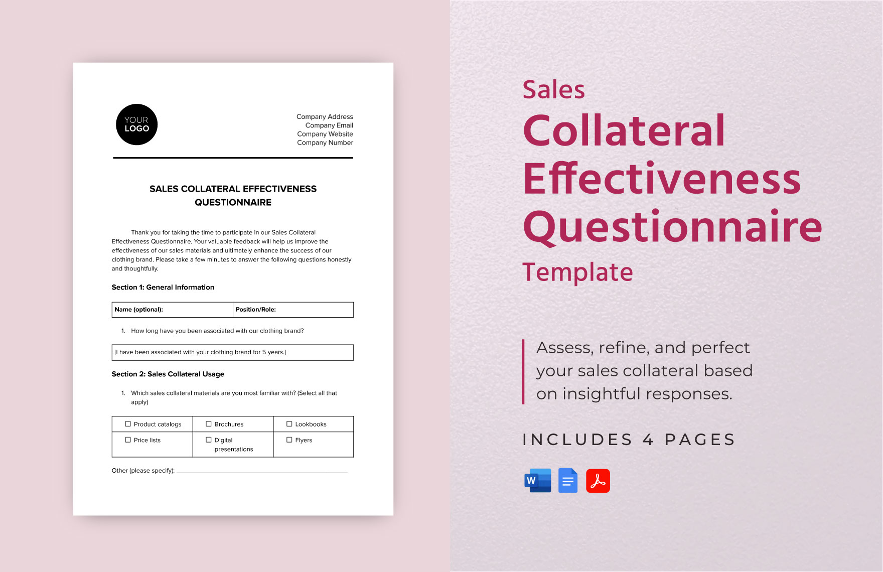 Sales Collateral Effectiveness Questionnaire Template in Word, Google Docs, PDF