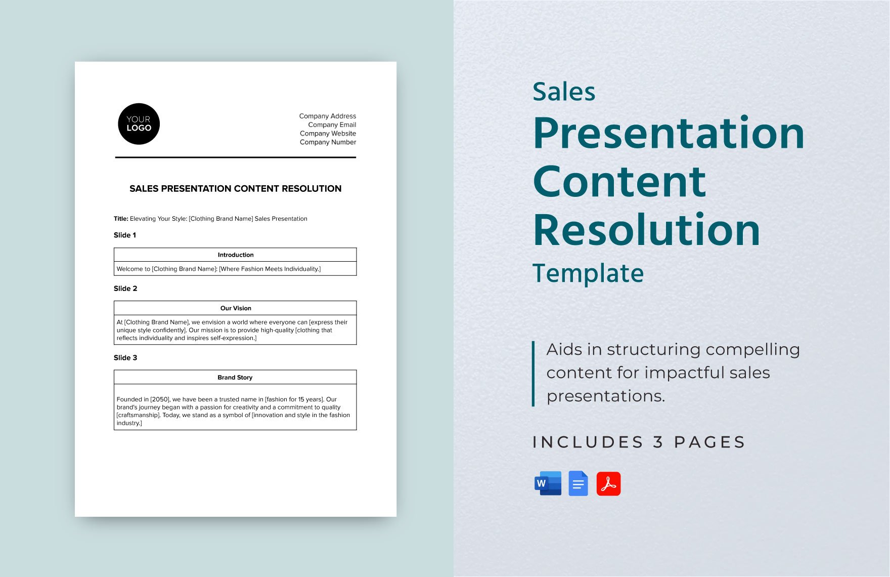 Sales Presentation Content Resolution Template in Word, Google Docs, PDF