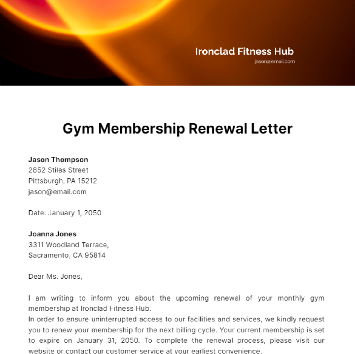 Gym Membership Renewal Letter Template