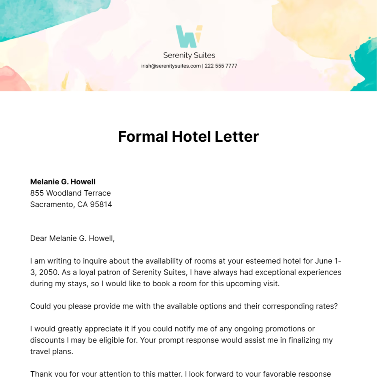 Formal Hotel Letter Template