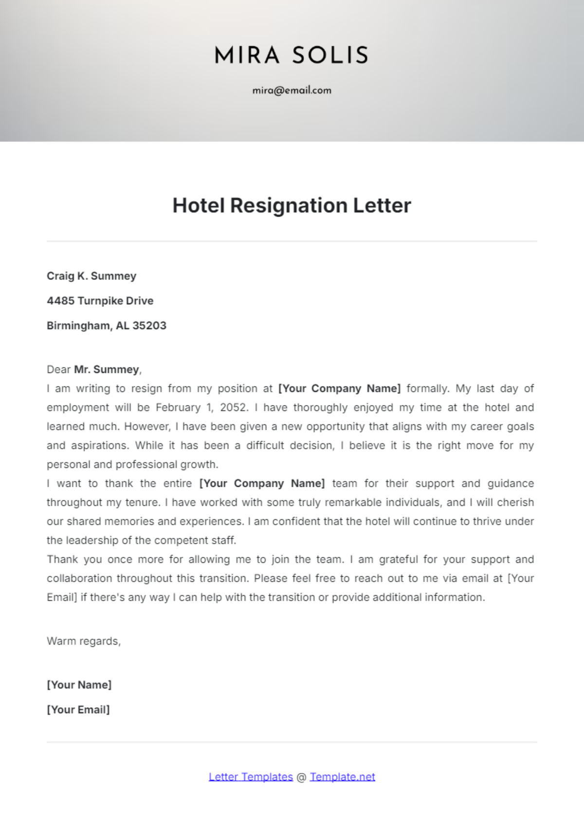 Hotel Resignation Letter Template - Edit Online & Download