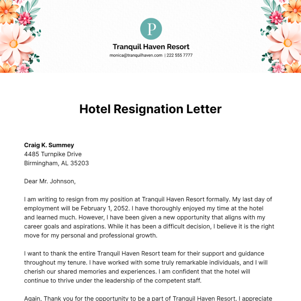 Hotel Resignation Letter Template