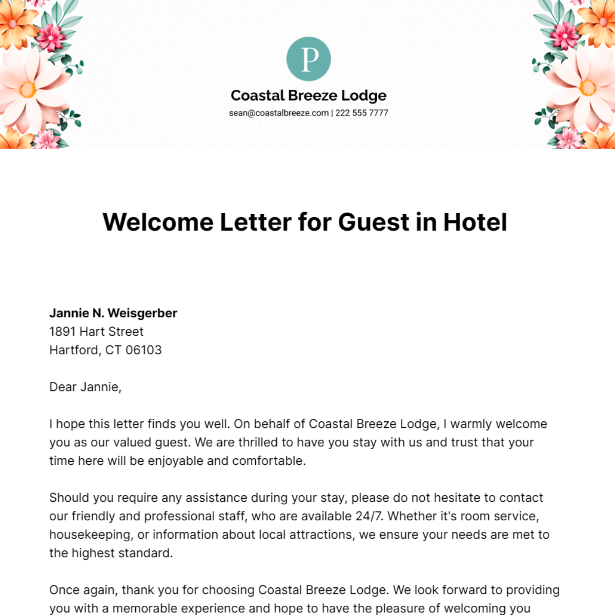 Welcome Letter for Guest in Hotel Template