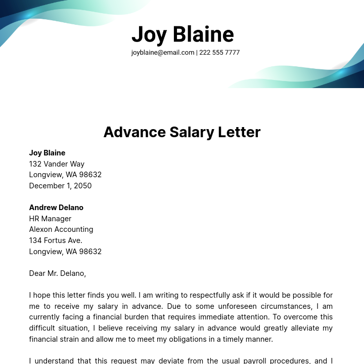 Free Advance Salary Letter Template