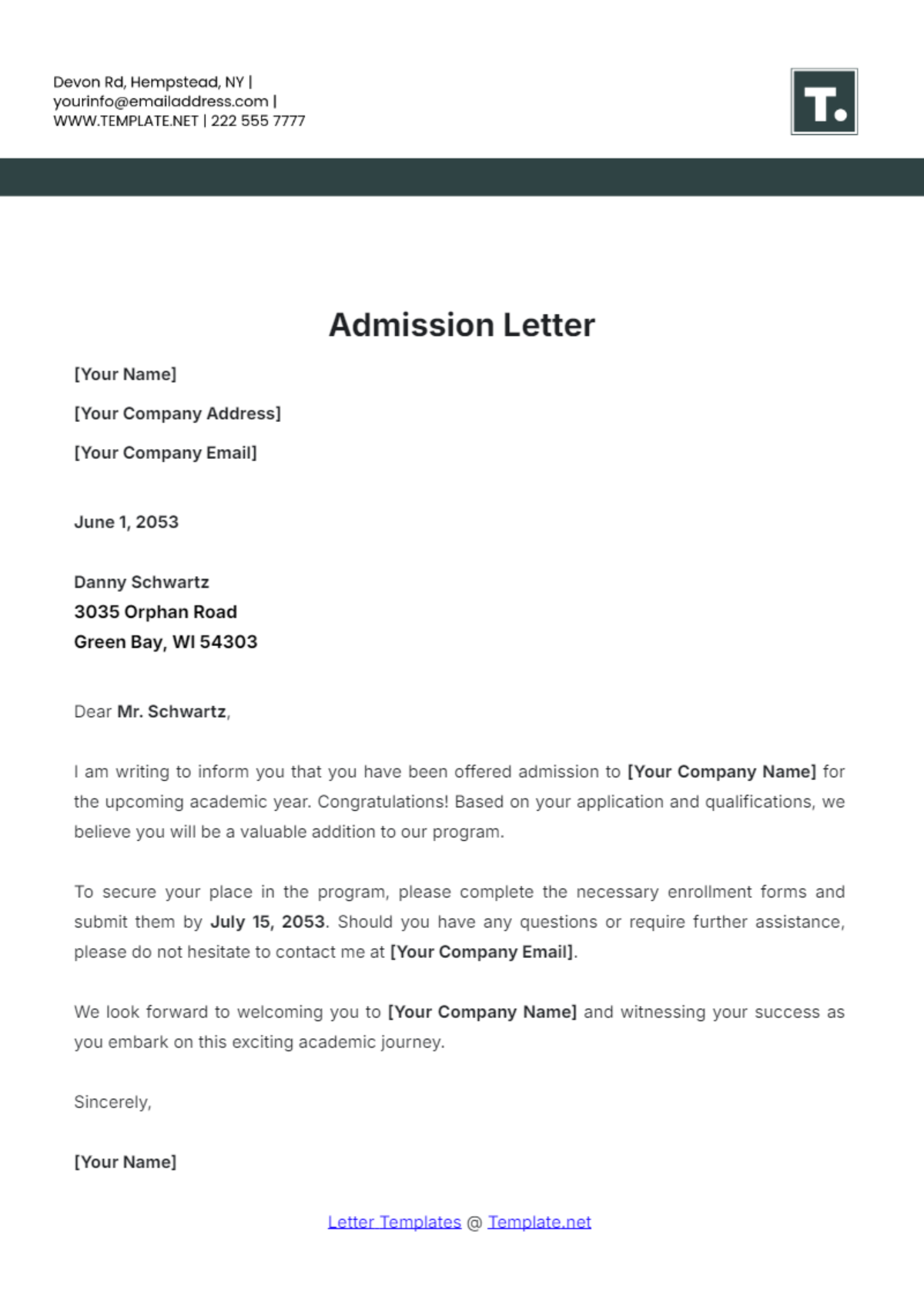 Admission Letter Template - Edit Online & Download