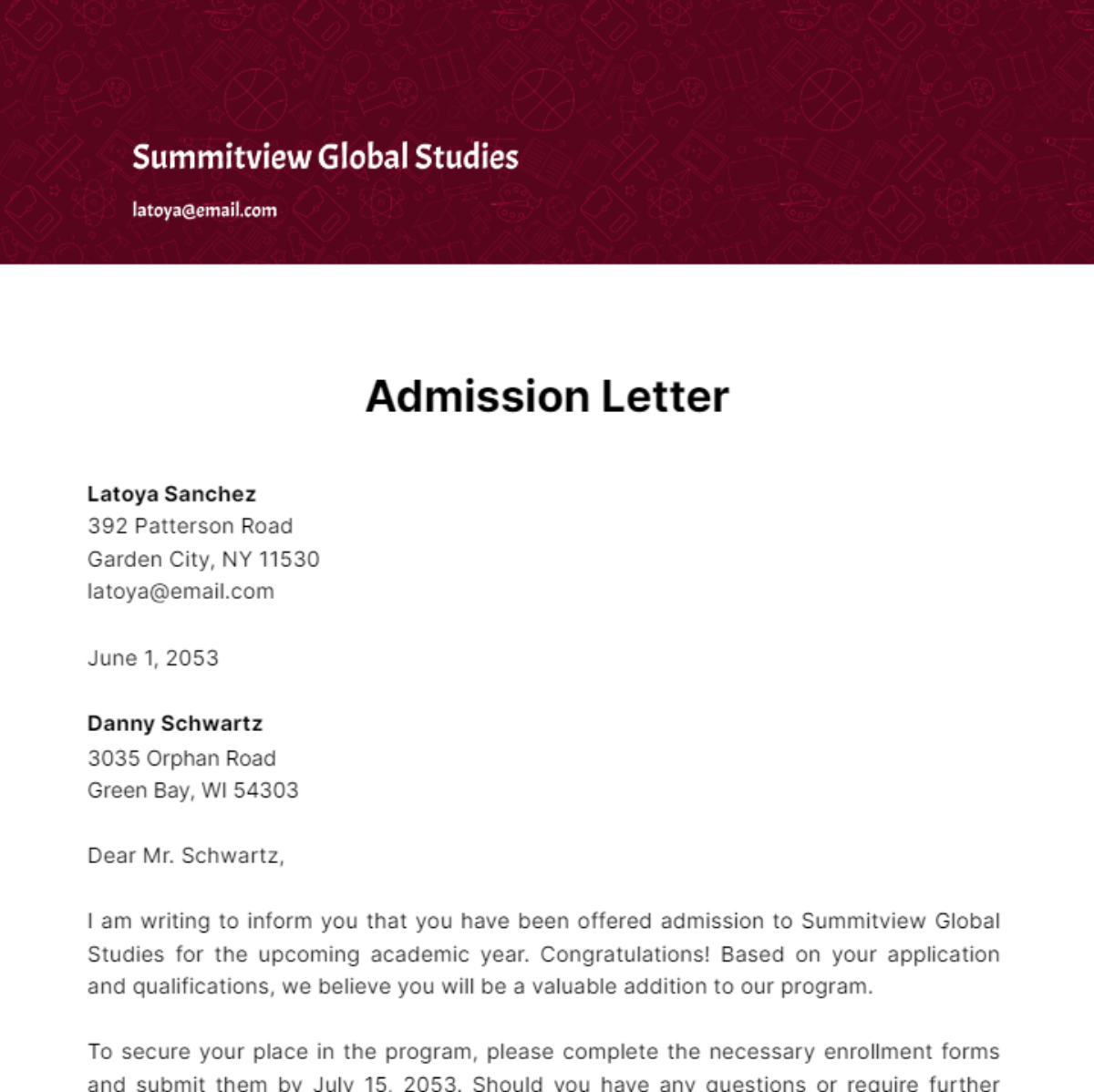 Admission Letter Template