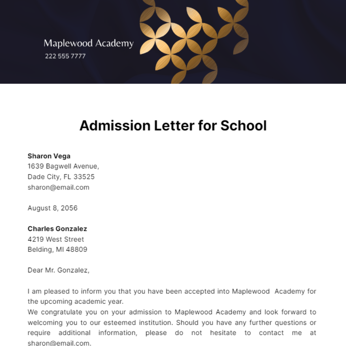Admission Letter for School Template