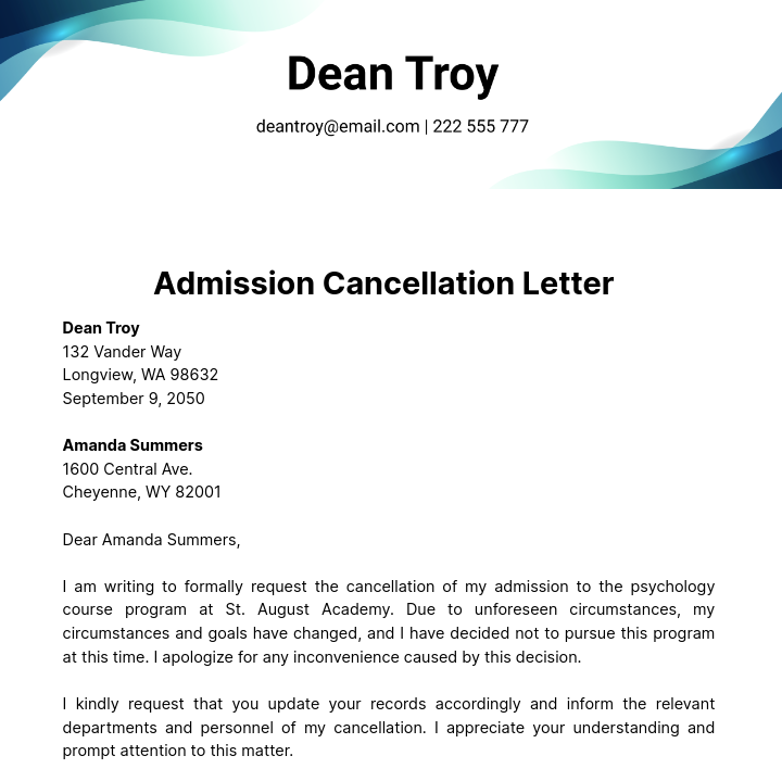 Admission Cancellation Letter  Template
