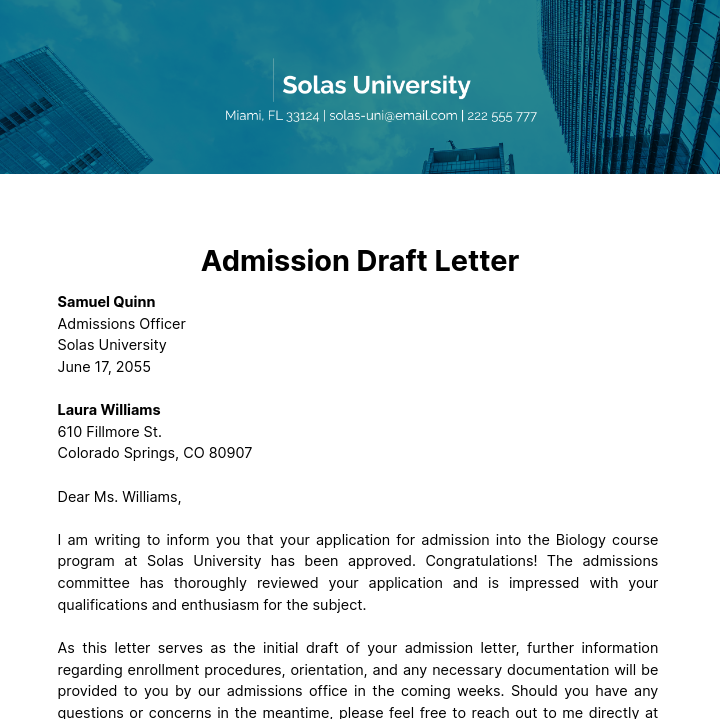 Admission Draft Letter Template