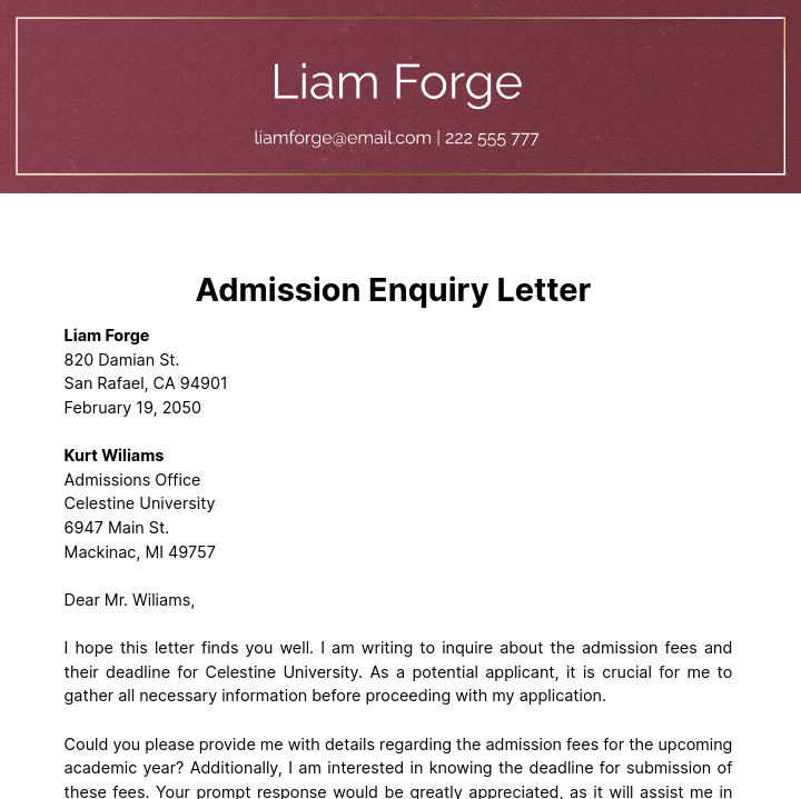 Admission Enquiry Letter   Template