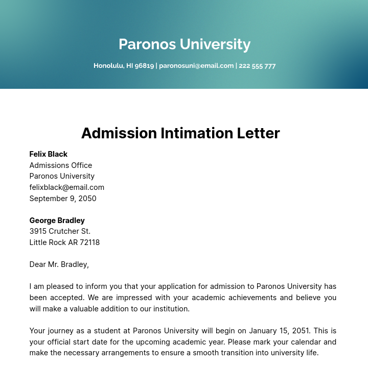 Admission Intimation Letter  Template