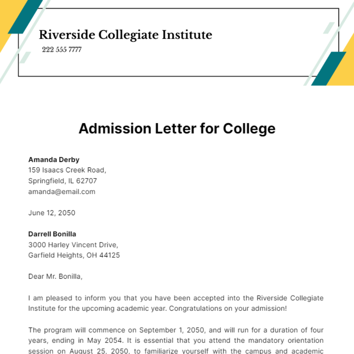Admission Letter for College Template