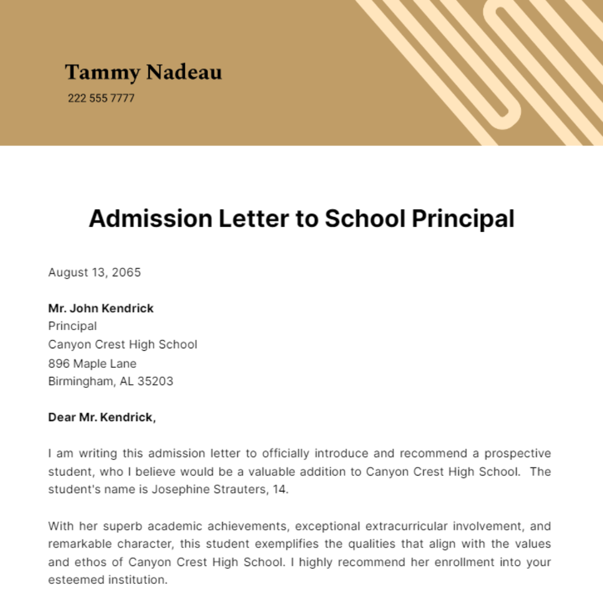 Admission Letter to School Principal Template