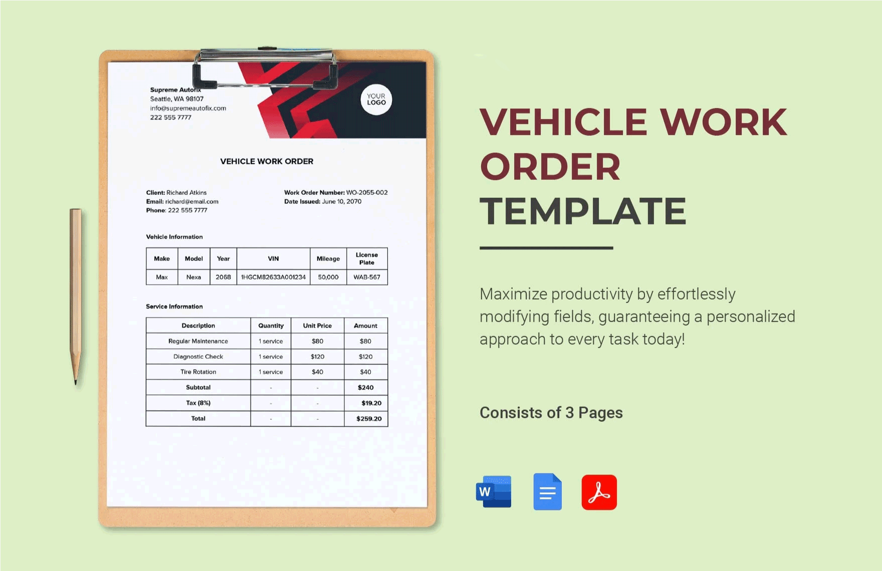Vehicle Work Order Template