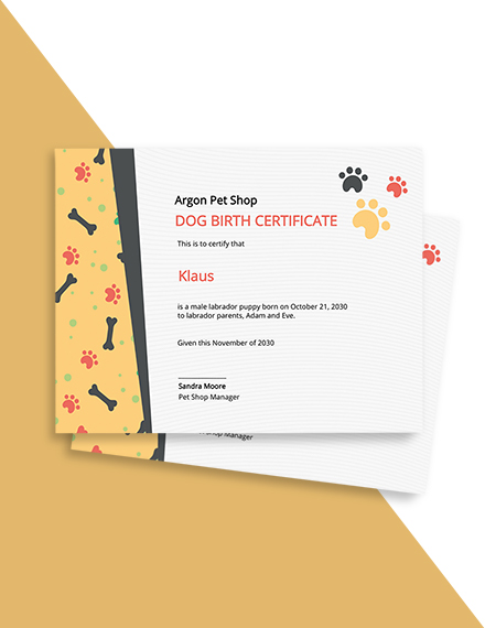 Dog Birth Certificate Template - Google Docs, Illustrator, Word, Apple Pages, PSD, Publisher