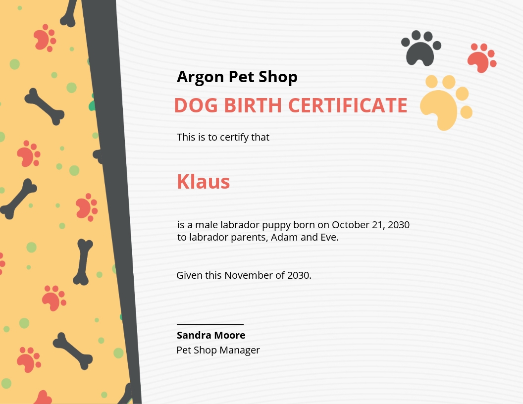 Dog Birth Certificate Template - Google Docs, Illustrator, Word, Apple Pages, PSD, Publisher