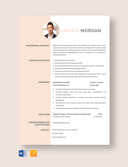 Experienced Administrative Assistant Resume Template - Word, Apple Pages
