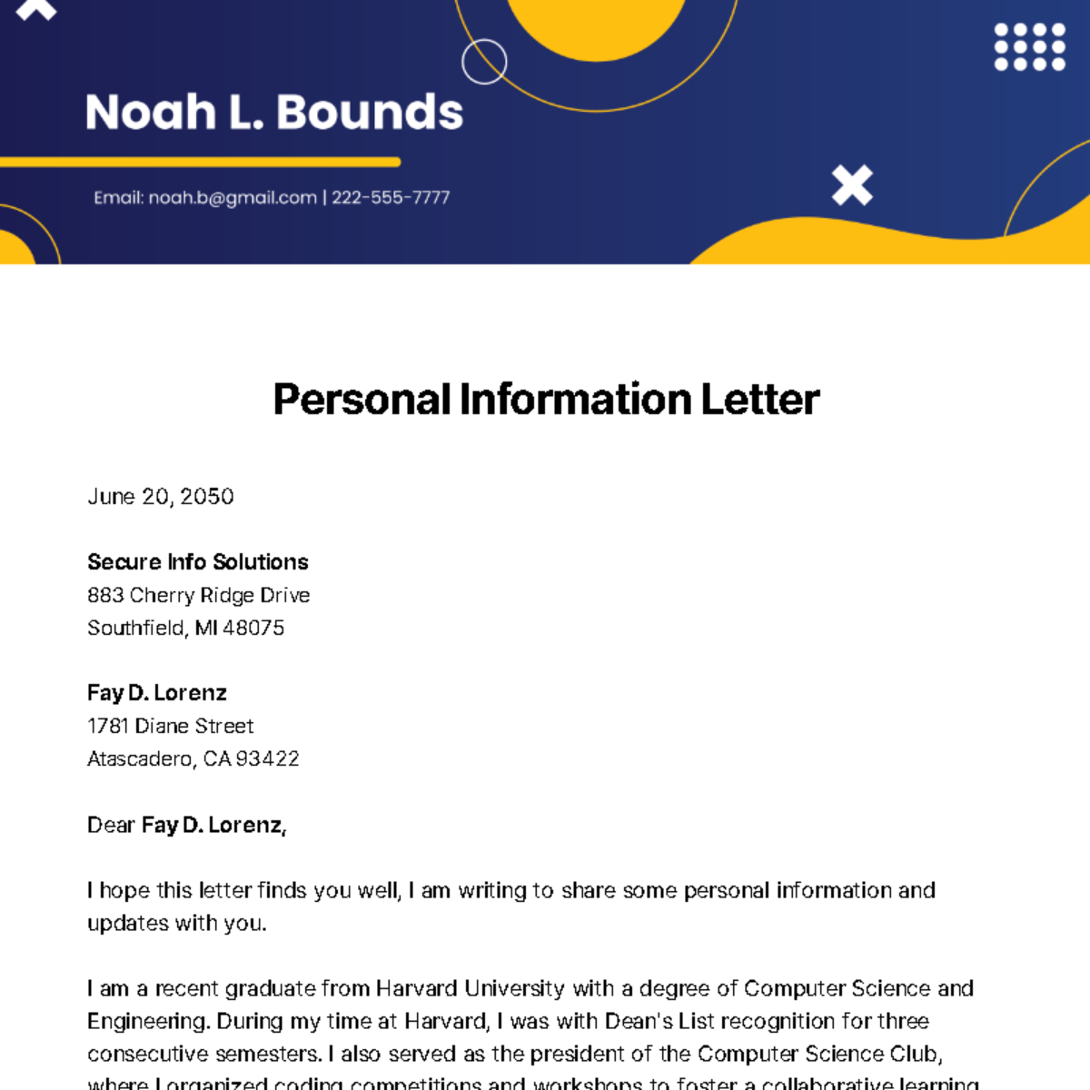 Personal Information Letter   Template