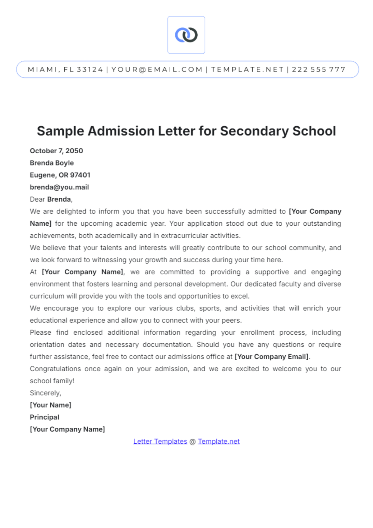 Sample Admission Letter for Secondary School Template - Edit Online & Download