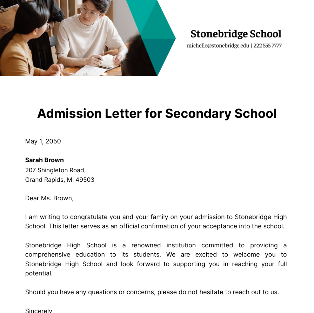 Admission Letter for Secondary School Template
