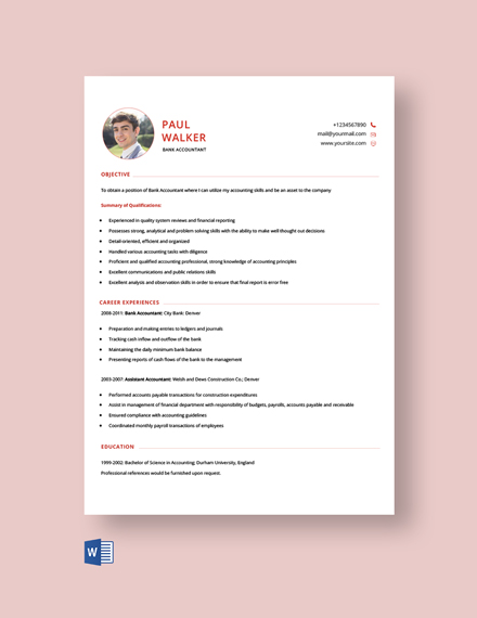 Free Bank Accountant Resume Template - Word