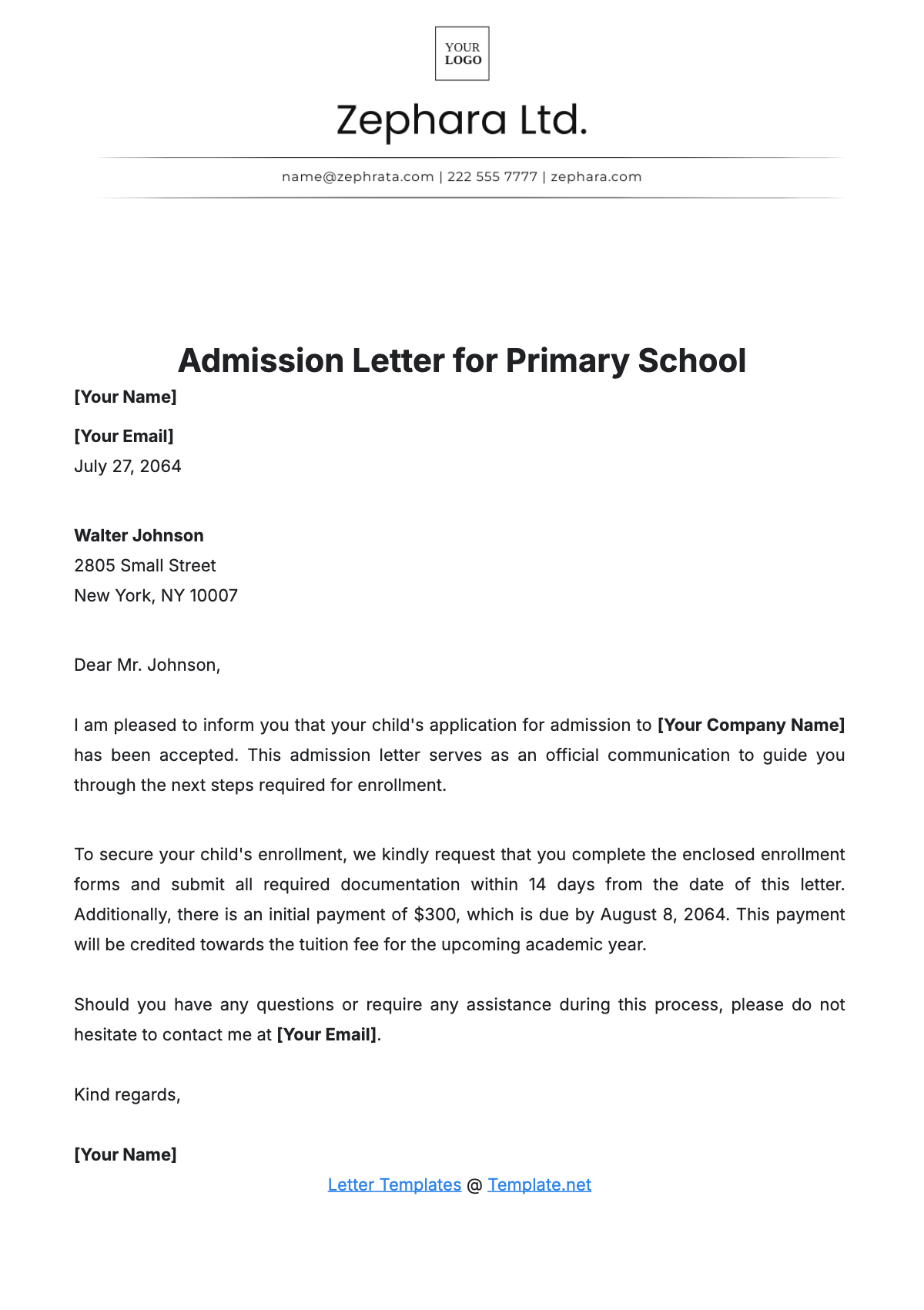 Admission Letter for Primary School Template