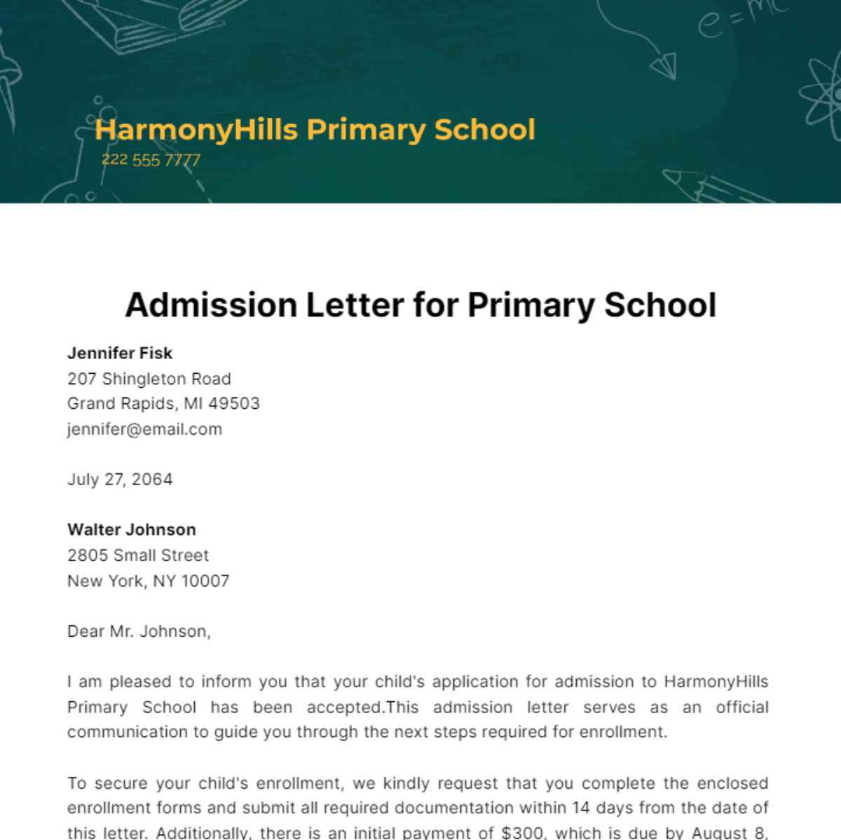 Admission Letter for Primary School Template