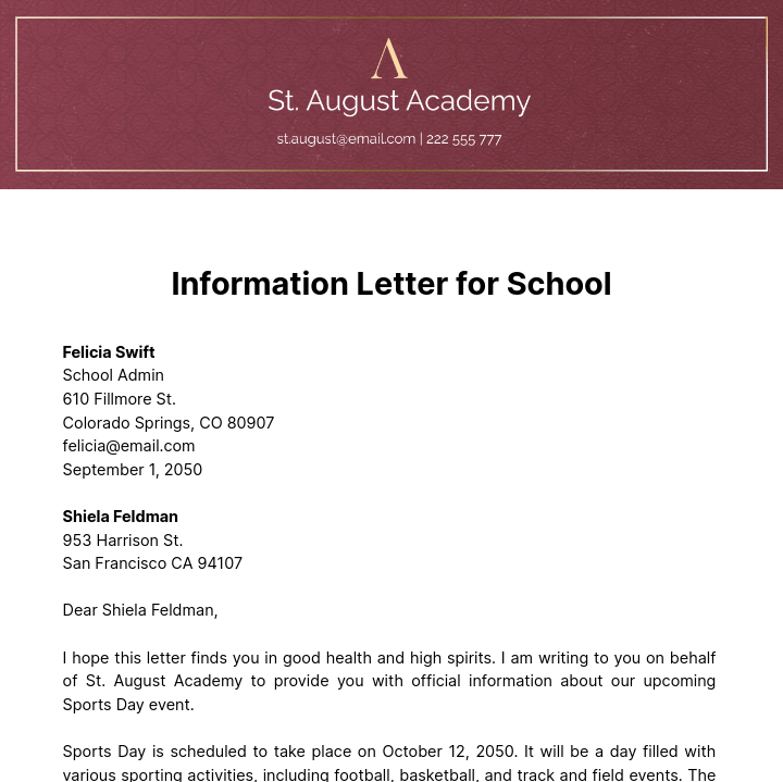 Information Letter for School  Template