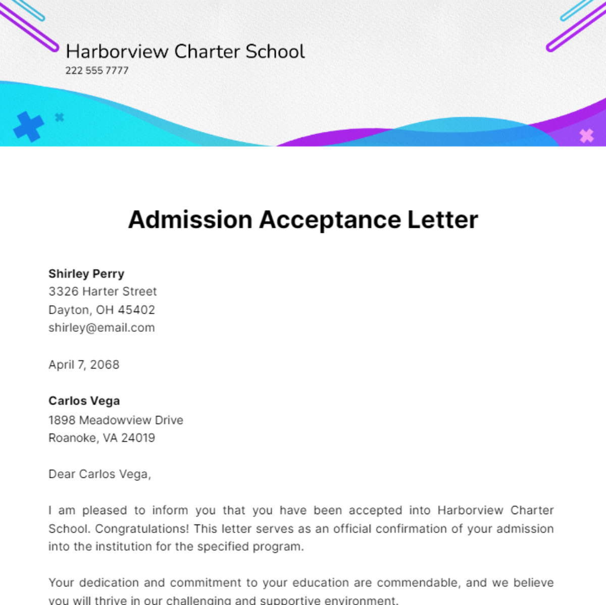 Admission Acceptance Letter Template