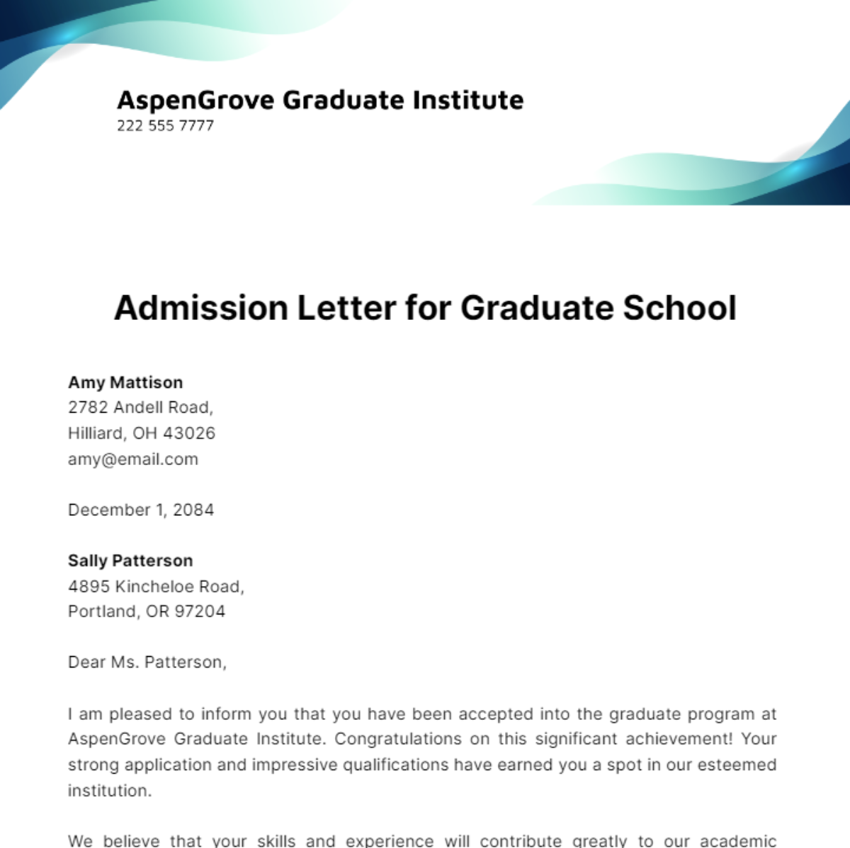 graduate school admission application letter