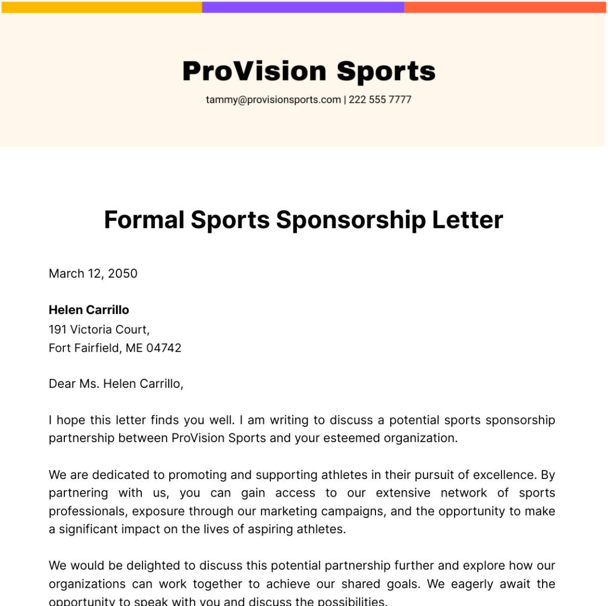 Free Formal Sports Sponsorship Letter   Template