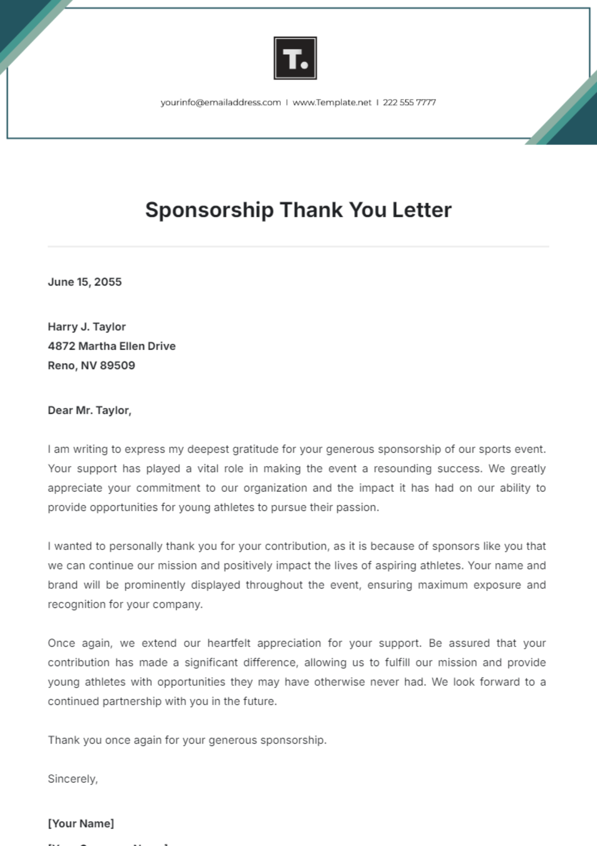 Sponsorship Thank You Letter Template - Edit Online & Download