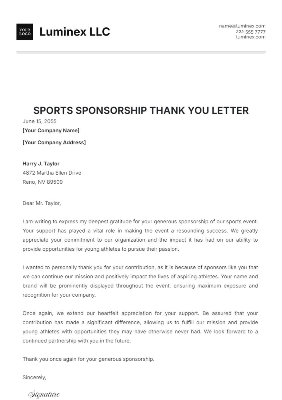 Sports Sponsorship Thank You Letter Template