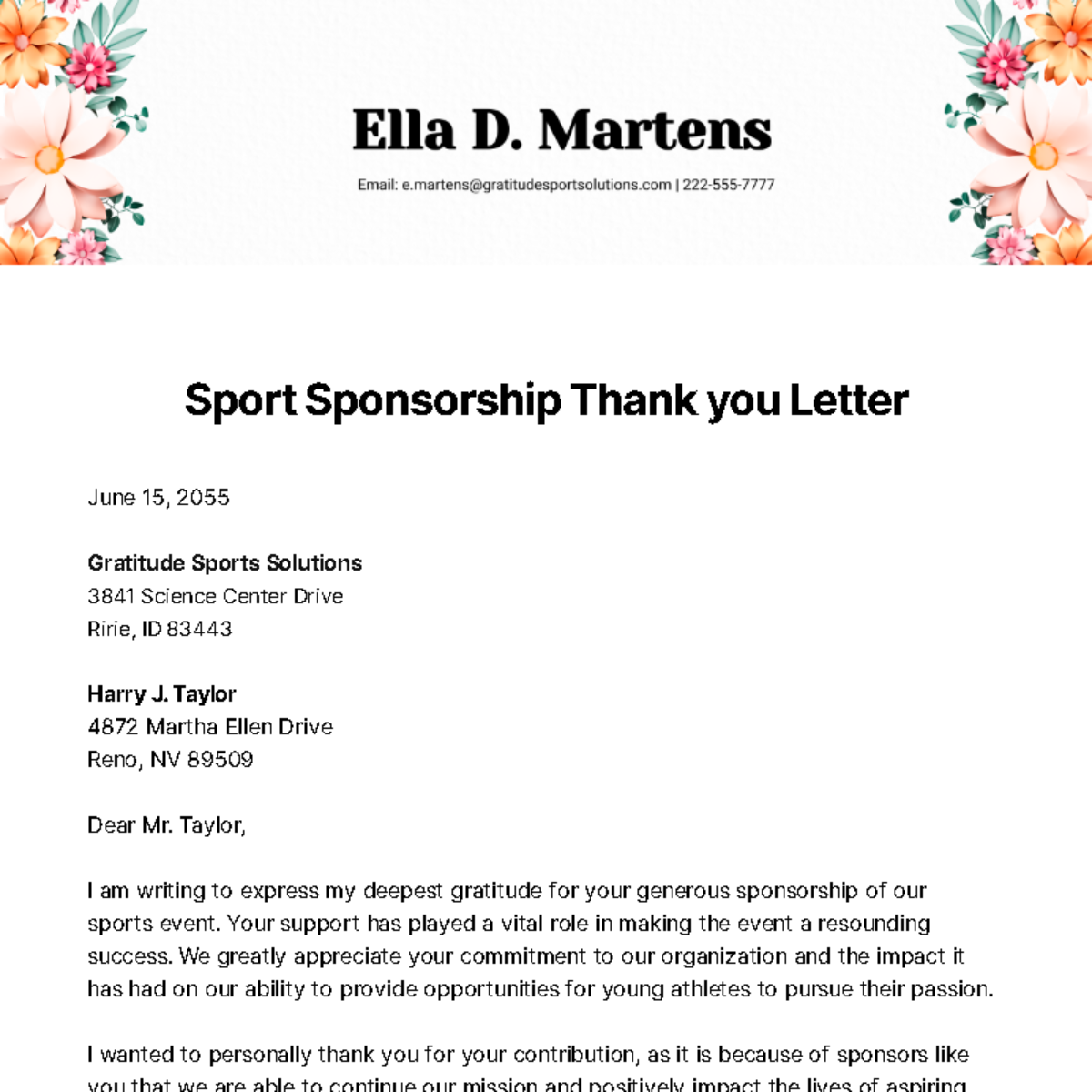 Sports Sponsorship Thank you Letter   Template