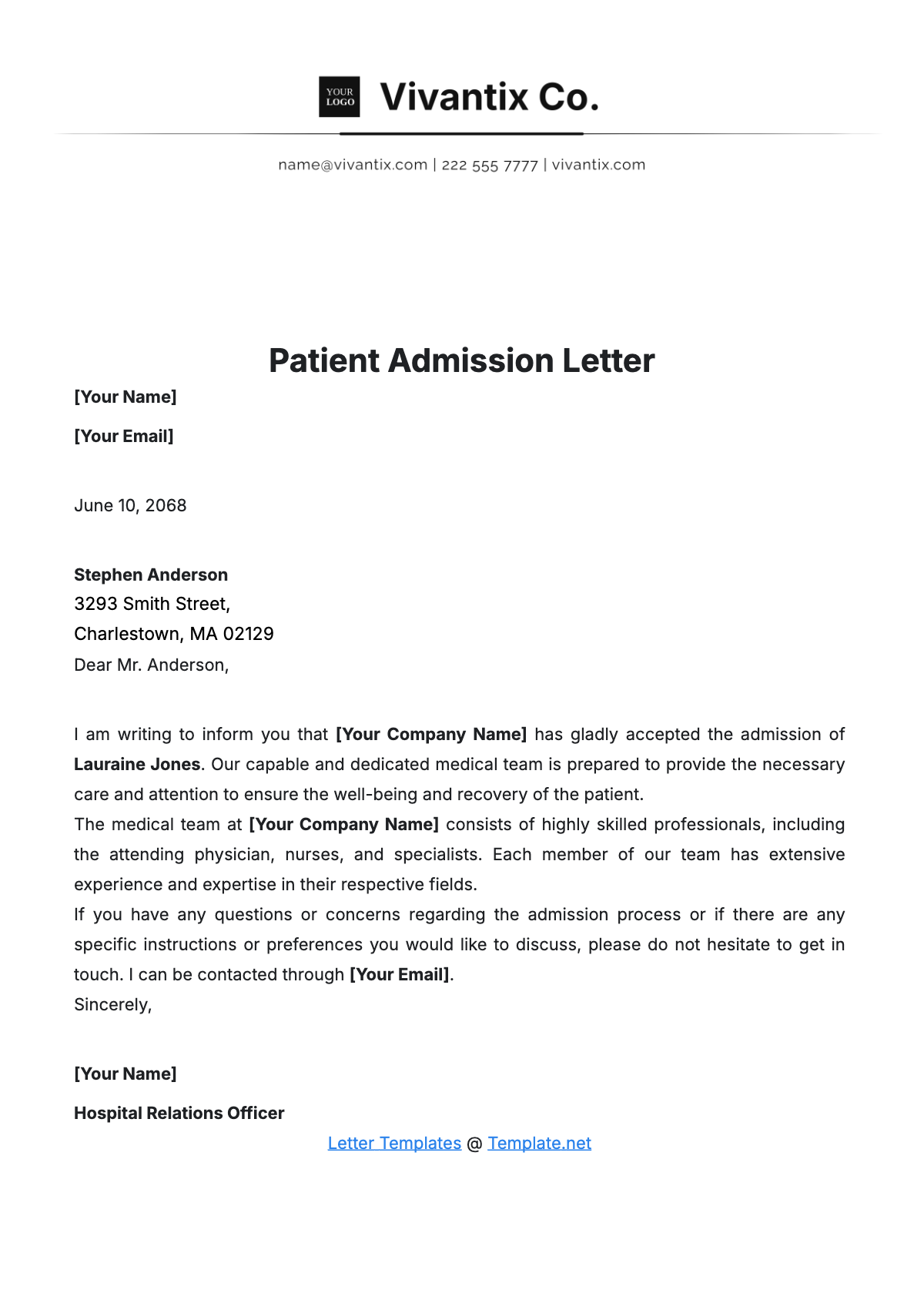 Patient Admission Letter Template