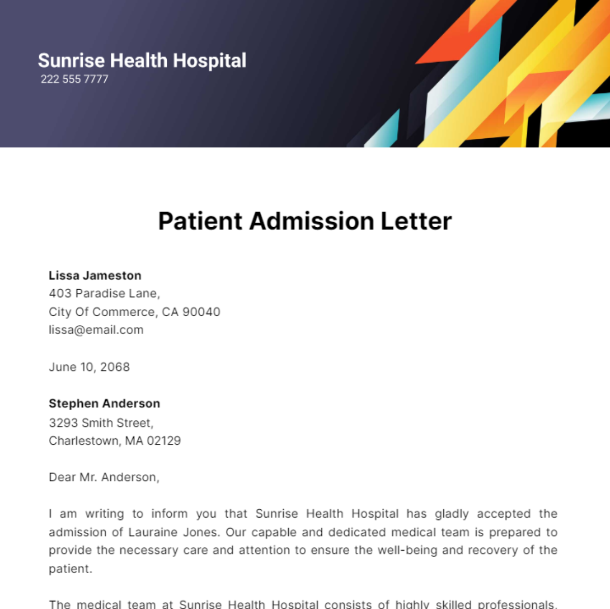 Free Patient Admission Letter Template