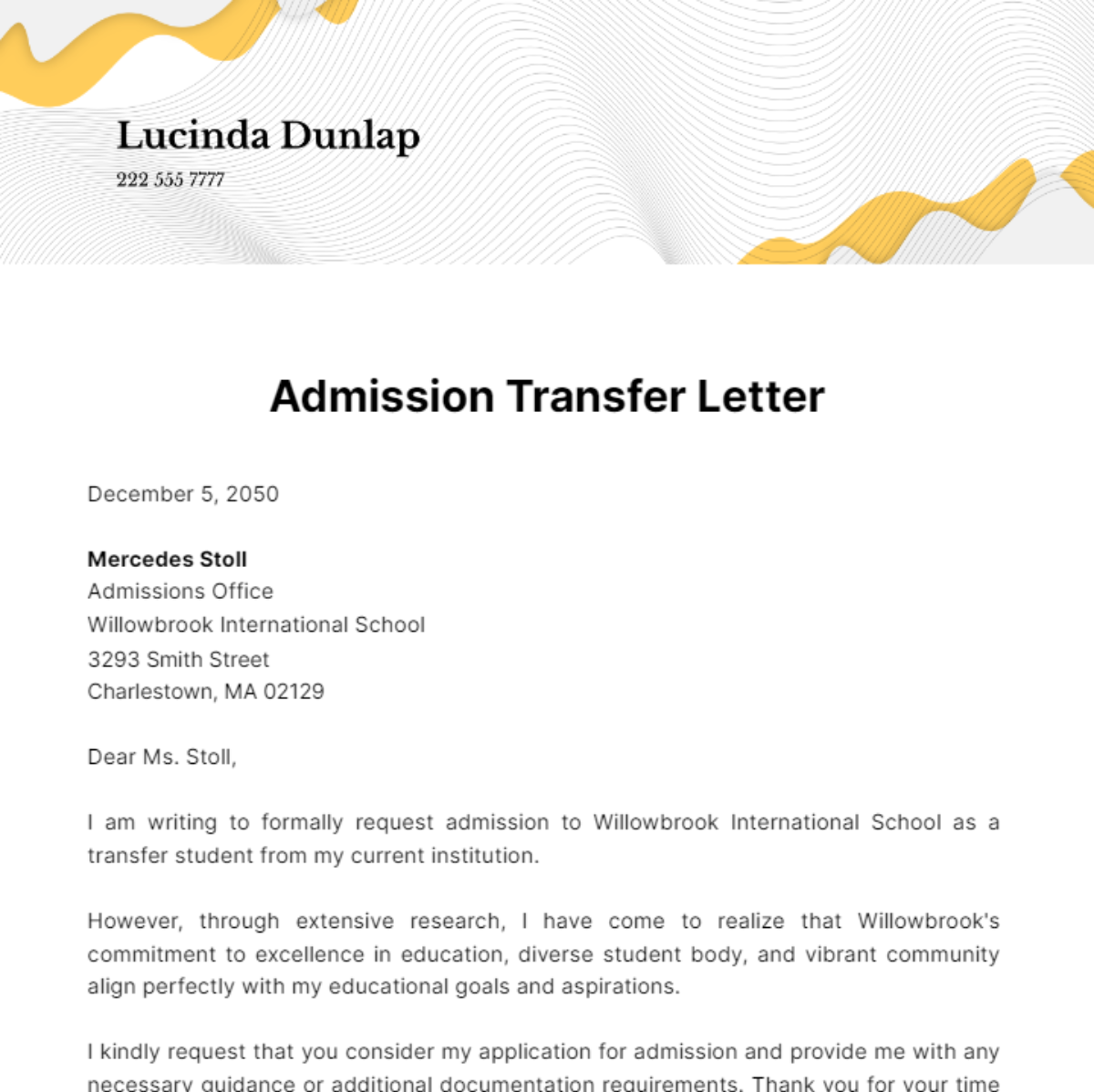 Admission Transfer Letter Template
