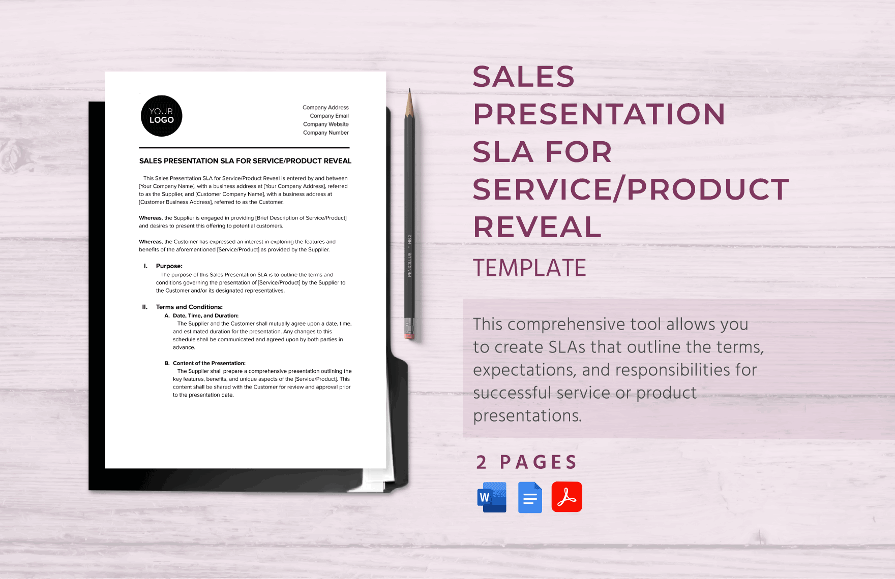 Sales Presentation SLA for Service/Product Reveal Template in Word, Google Docs, PDF