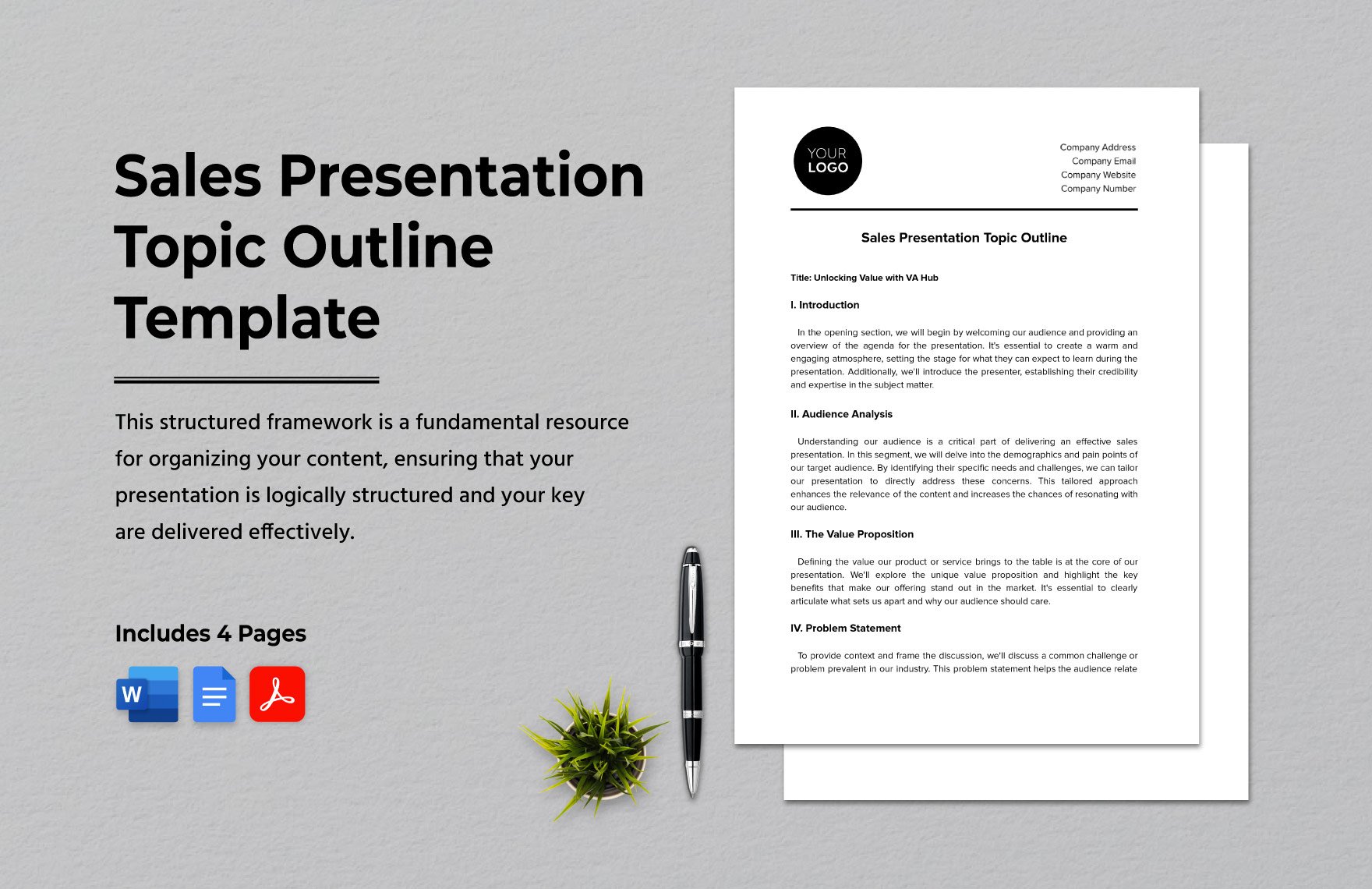 Sales Presentation Topic Outline Template in Word, Google Docs, PDF