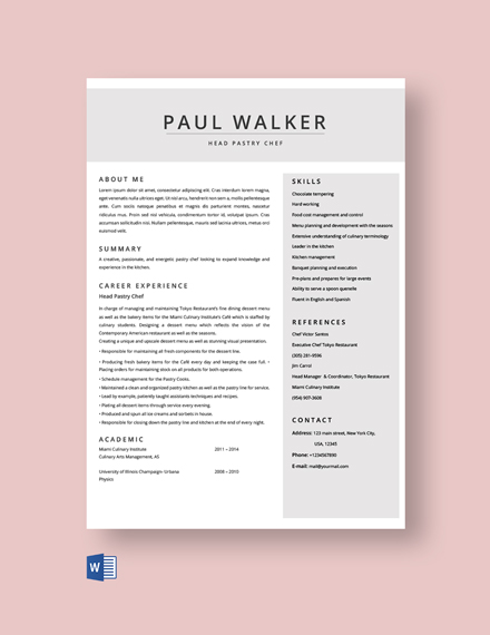 Pastry Chef Resume Template - Word