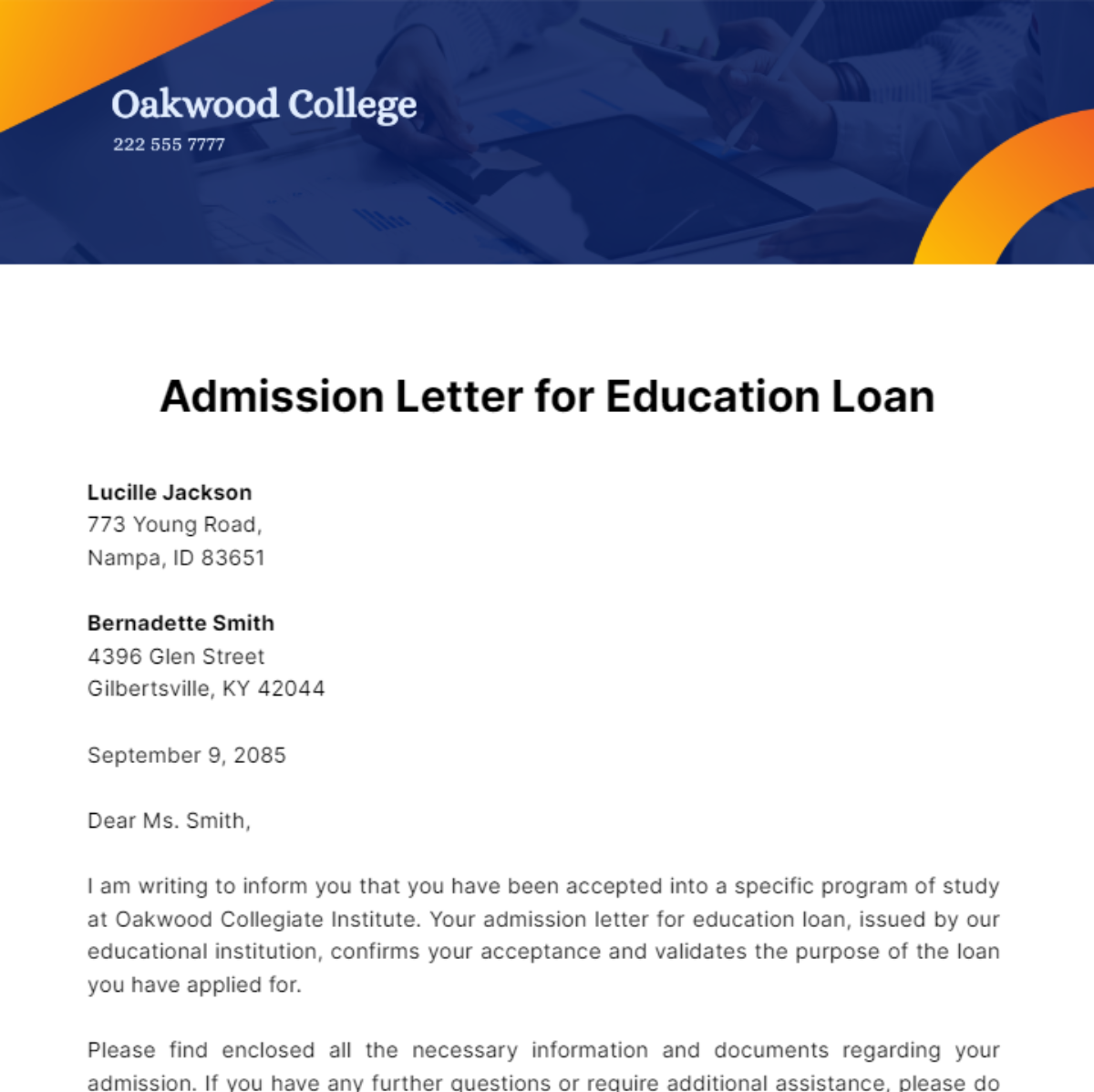 Free Admission Letter for Education Loan Template