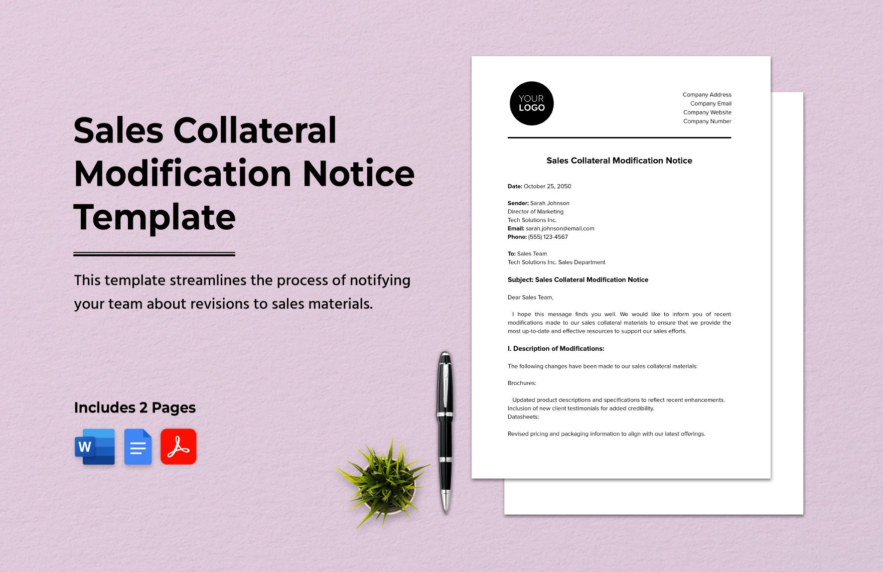 Sales Collateral Modification Notice Template in Word, Google Docs, PDF