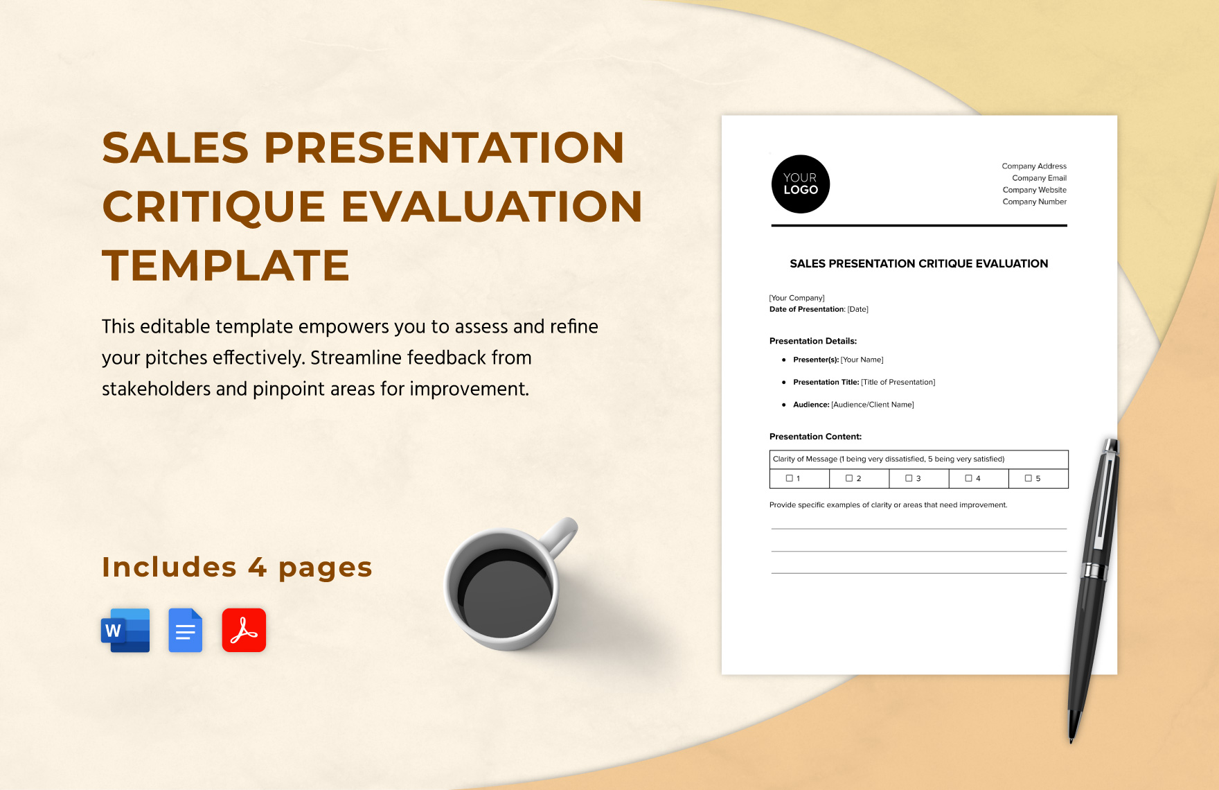 Sales Presentation Critique Evaluation Template in Word, Google Docs, PDF