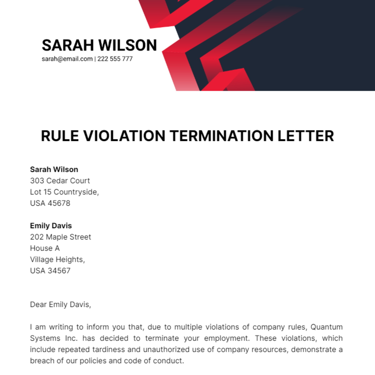 Rule Violation Termination Letter Template