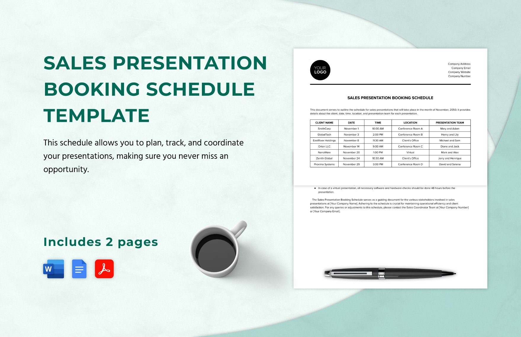 Sales Presentation Booking Schedule Template in Word, Google Docs, PDF