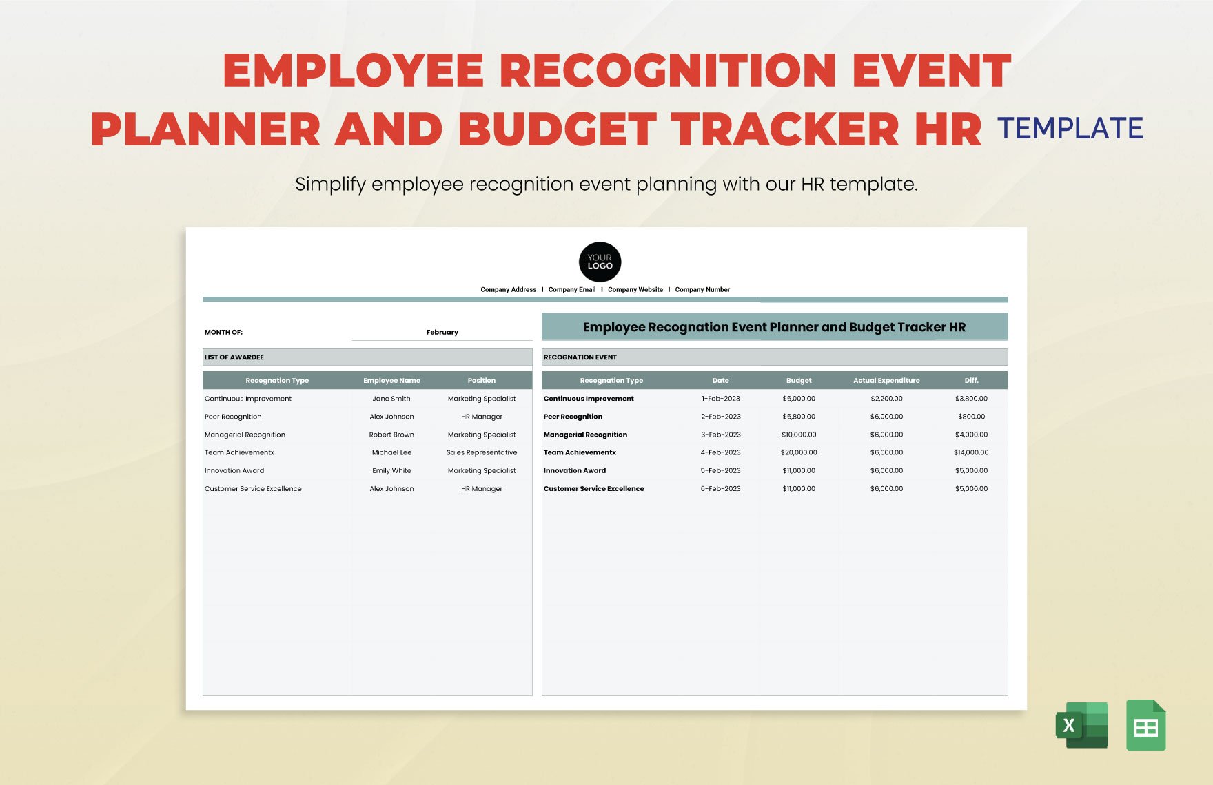 Employee Recognition Event Planner and Budget Tracker HR Template
