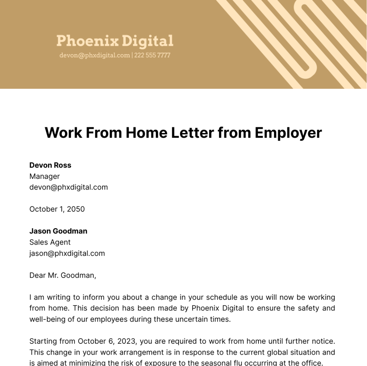 Work from Home Letter from Employer   Template