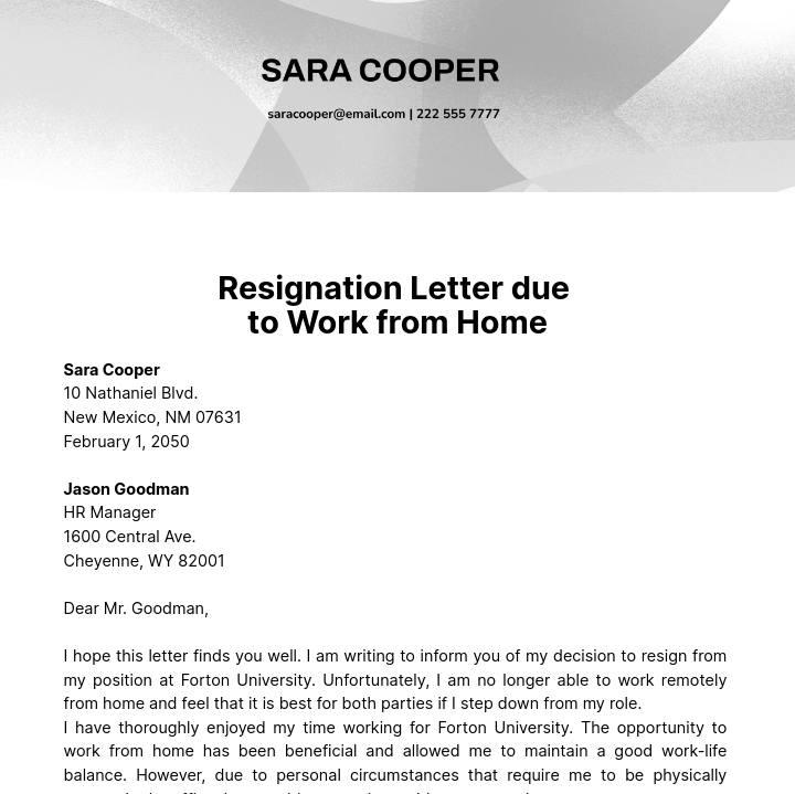 Resignation Letter Due to Work from Home   Template